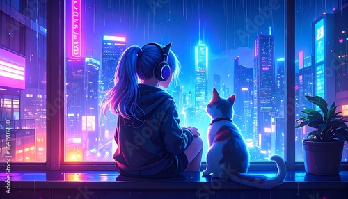 A girl and a cat sit on a windowsill gazing at a vibrant neon cityscape at night