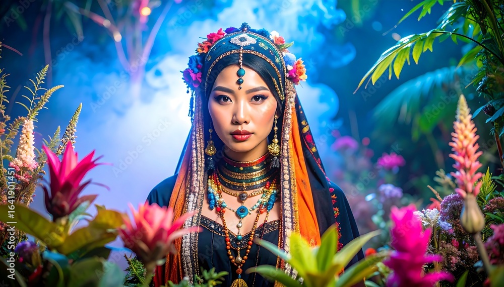Fototapeta premium Woman in vibrant, floral, jungle setting