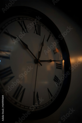 Wallpaper Mural A wall clock with Roman numerals and metal hands, set against a muted background, features dramatic lighting, realistic photography, and a serene atmosphere with subtle textures and details. Torontodigital.ca