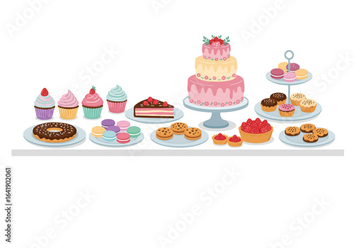 Colorful Assortment of Cakes, Cupcakes, and Pastries on Display