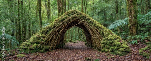 Lush, moss-covered archway structure in a dense forest.  Natural archway formed by interwoven branches, covered in vibrant green moss.  Path leads through the structure into a verdant woodland