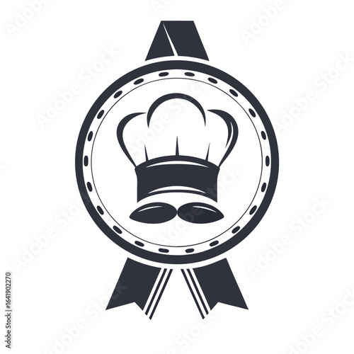 Monochrome chef hat inside round badge with ribbons creates a timeless emblem