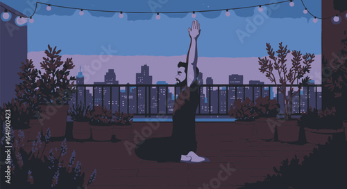 Rooftop Yoga Pixel art illustration of a man practicing mindful exercise on an urban terrace at twilight, promoting wellness and tranquility above the city.