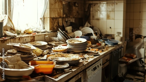 A cluttered, dirty kitchen with piles of unwashed dishes and food remnants.