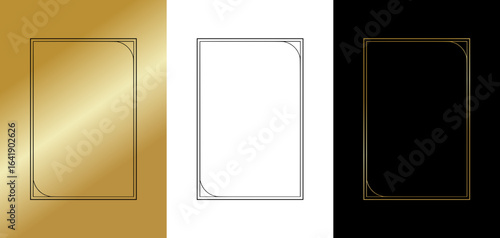 Stylish frame in a drawn line style, isolated vector image, three design options on gold, transparent, and black backgrounds

