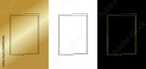 Minimalist frame in a drawn line style, isolated vector image, three design options on gold, transparent, and black backgrounds


