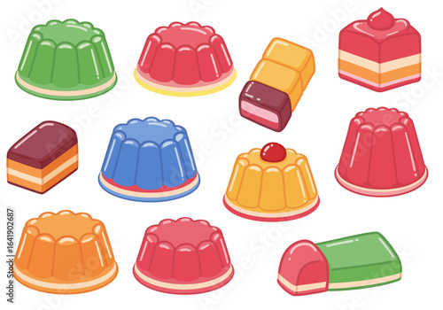 Colorful Cartoon Jelly Desserts Collection with Various Flavors and Shapes