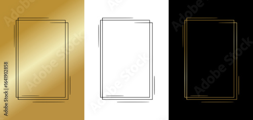 Minimalist frame in a drawn line style, isolated vector image, three design options on gold, transparent, and black backgrounds

