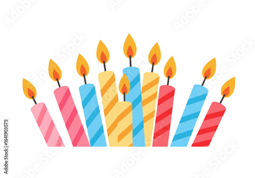 Group of Striped Birthday Candles with Flames in Pink, Blue, and Yellow