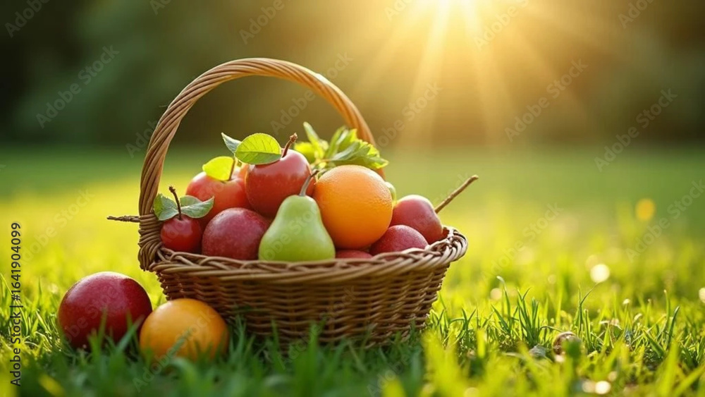 Wicker basket full of fresh fruit on the grass. Wicker basket full of fresh fruit on the grass.