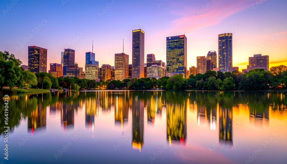 Naklejka premium City skyline sunset reflection