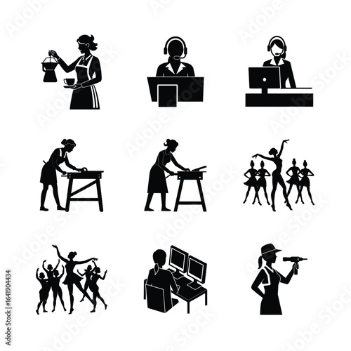 Set of diverse occupation icons in black