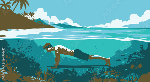 Man Performing Plank Exercise Underwater in Tropical Ocean with Beach Landscape Above Surface, Symbolizing Wellness and Tranquility