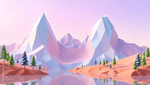 Low-Poly Abstract Landscape Background – Geometric Mountains, Polygonal Nature, Trendy Minimalist 3D Art for Modern Design