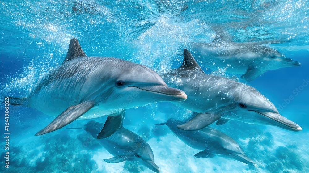 Naklejka premium Pod of Bottlenose Dolphins Swimming Gracefully in Tropical Waters, Marine Wildlife Photography