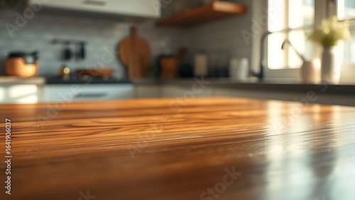Wallpaper Mural Close-up of polished wooden table surface with soft morning light through a blurred kitchen window in warm natural tones. Torontodigital.ca
