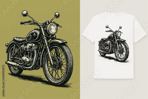 Vintage Motorcycle Illustration on T-Shirt – Hand-Drawn Classic Bike Design