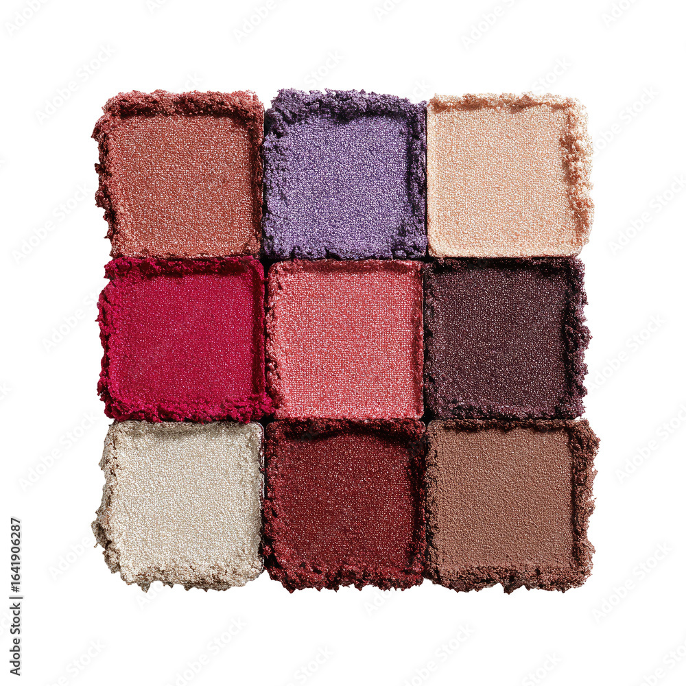 Fototapeta premium Nine-square eyeshadow palette, close-up. Powdery pigments in various warm shades