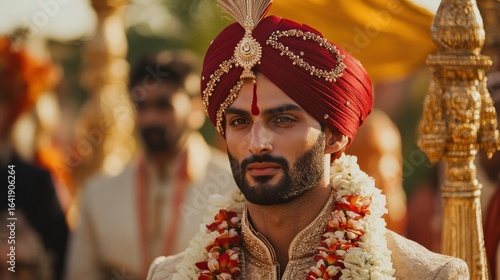 A groom in traditional attire with a floral garland during a wedding ceremony.