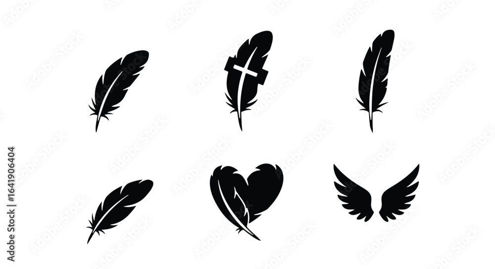 Fototapeta premium Feather and Wing Icon Collection � Cross and Heart Shape Feather Designs