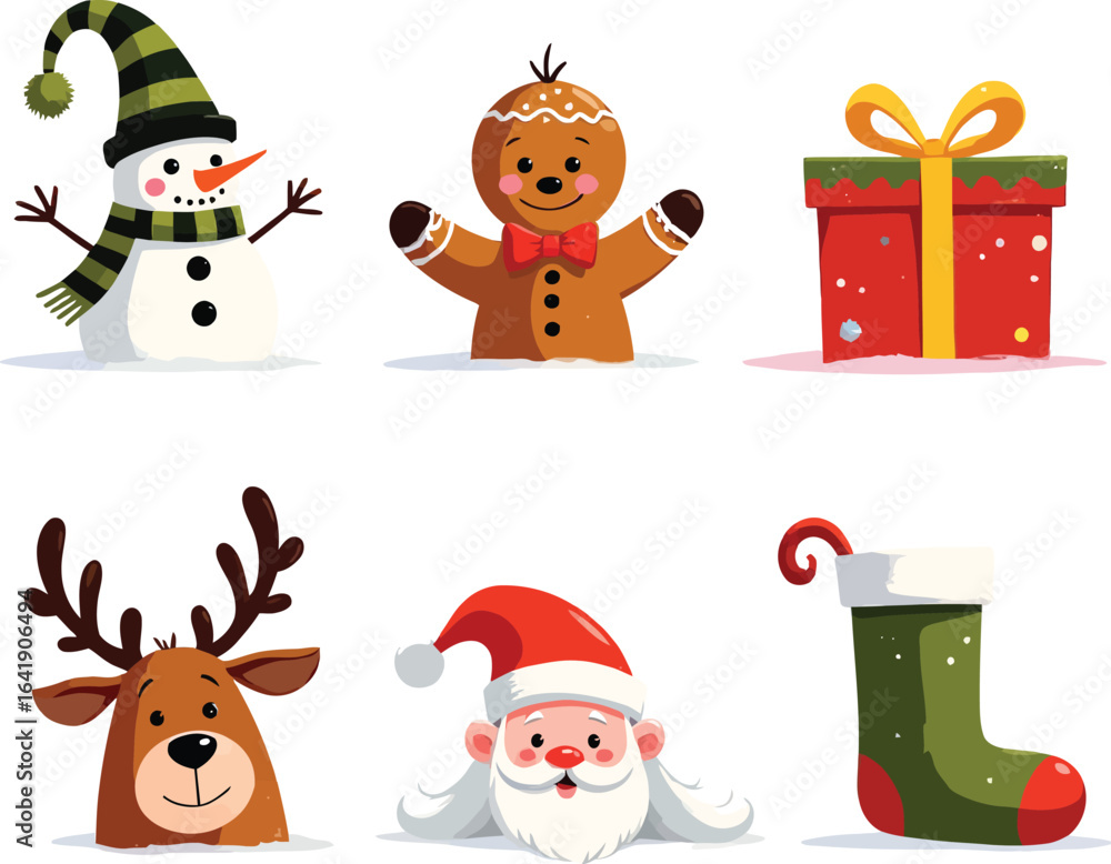 Naklejka premium Christmas Characters Set with Snowman Gingerbread Man and Santa Claus Elements