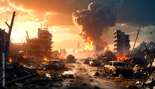 Fototapeta Naklejka Na Ścianę i Meble -  War-torn city at sunset