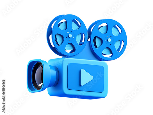Bright blue 3D cartoon vintage film camera with large reels and a play button on a dark background.