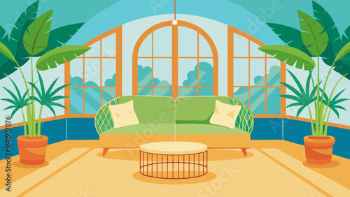 light filled sunroom rattan seating tropical plants