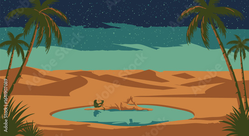 Tranquil Night Oasis Illustration Relaxing in a Desert Pool Under a Starry Sky, Surrounded by Palm Trees, Evoking Serenity and Escape.