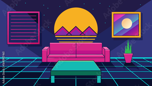 retro 80s living room neon wall art