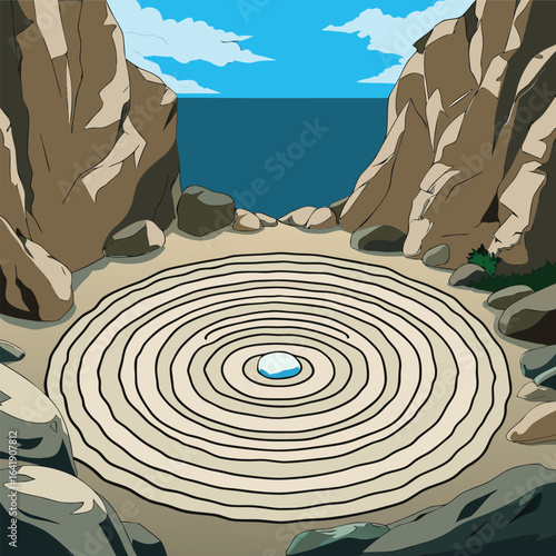 Illustration of a stone circle on the seashore in a cartoon style