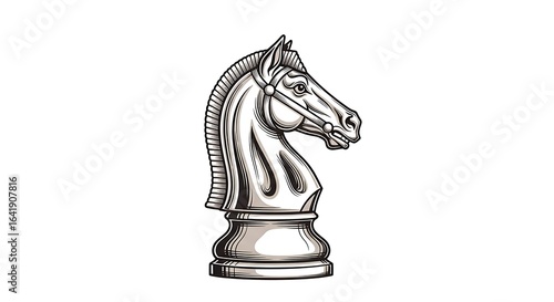 A detailed metallic illustration of a horse knight chess piece in a vintage engraved style