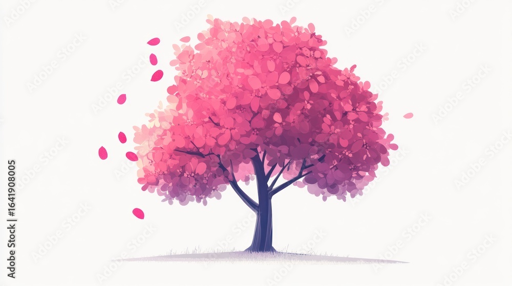 Obraz premium Pink tree, leaves falling, white background, spring illustration