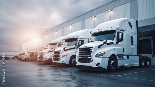 Fleet of Semi-Trucks Awaiting Cargo at Loading Dock, Modern Transportation and Logistics Services