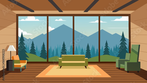 spacious living room panoramic forest views