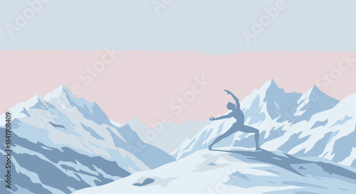 Serene Winter Mountain Landscape with Person Practicing Yoga in Warrior Pose