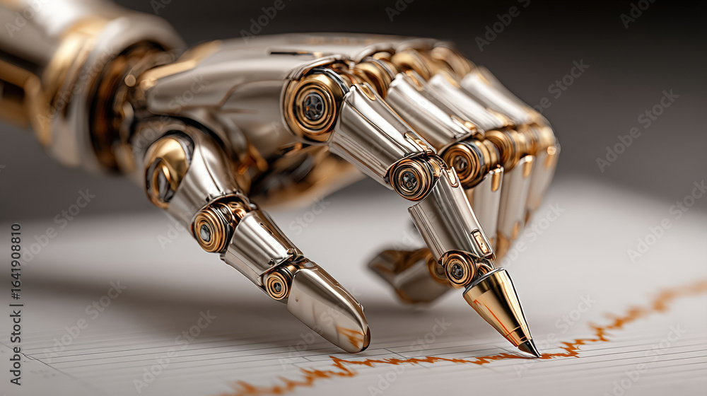 Naklejka premium Robotic hand elegantly holds pen, poised to write on sheet of paper with graph, symbolizing intersection of technology and data analysis