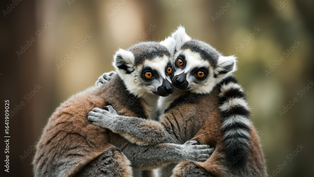 Obraz premium Two ring-tailed lemurs embracing in a close-up portrait. Affectionate primates cuddling together in a natural habitat.