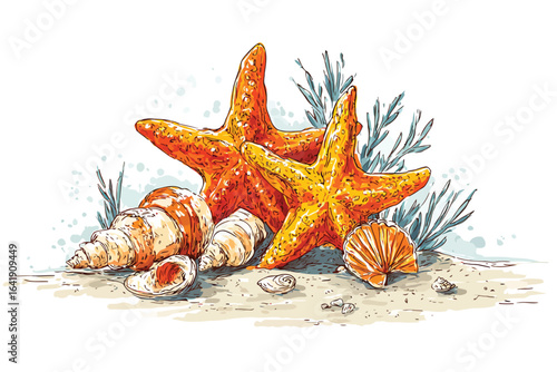 Beach with starfish and seashells isolated