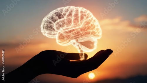 Hand holding a glowing brain at sunset
