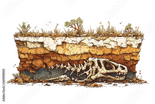 layered soil with dinosaur bones isolated