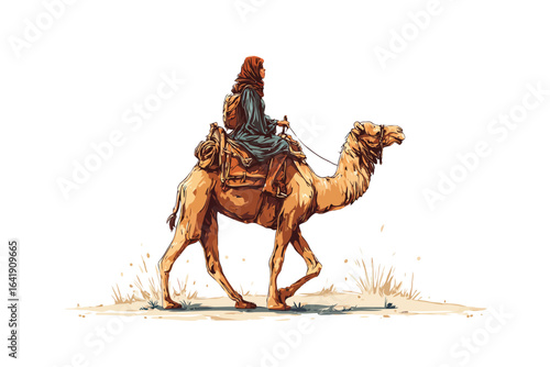 Person riding camel in the desert isolated