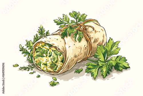 Organic plant-based burrito with fresh herbs isolated