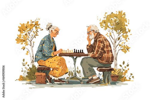 Senior friends playing chess in park isolated
