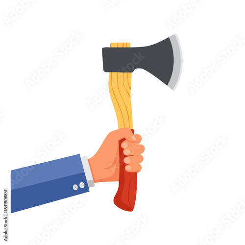 A person holding a wood axe in hand, ready to work with axe in a firm hand. The axe is a classic tool.