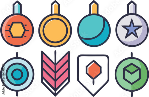 Vector illustration set of colorful flat icon pins with various abstract shapes
