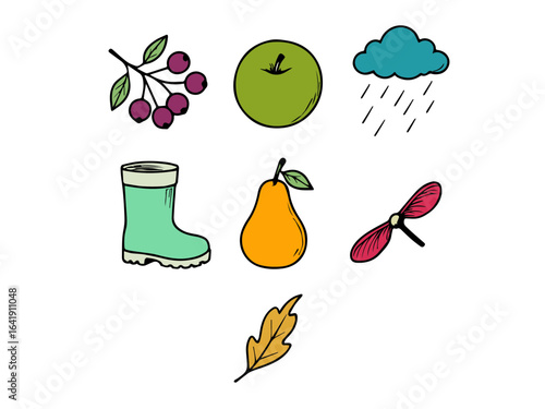 Wallpaper Mural Set of 6 hand-drawn autumn elements in color, vector illustration. Includes branch with berries, apple, rain cloud, rubber boots, pear, maple seed, and oak leaf. Perfect for seasonal design, stickers, Torontodigital.ca