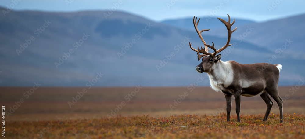 Naklejka premium Caribou standing in the autumn tundra. A reindeer in a vast landscape with copy space.