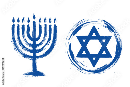 Menorah and Star of David brushstroke silhouette blue vector illustration