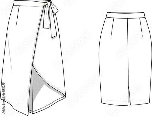 Wrap skirt with tie closure, pencil skirt with front slit, fashion flat sketch, clothing vector, apparel design, cad drawing illustration